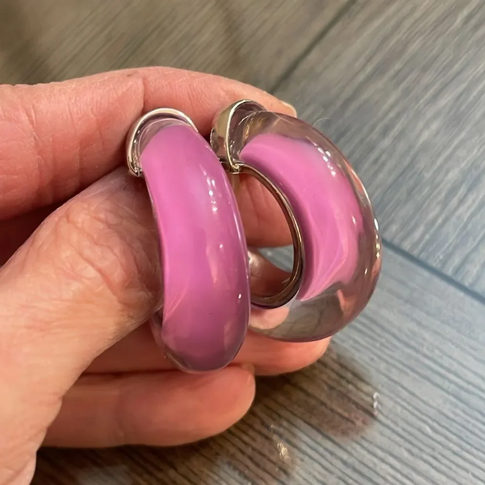 Anthropologie Chunky Resin Hoop Earrings Chic Silver-tone & Purple Lucite Hoop